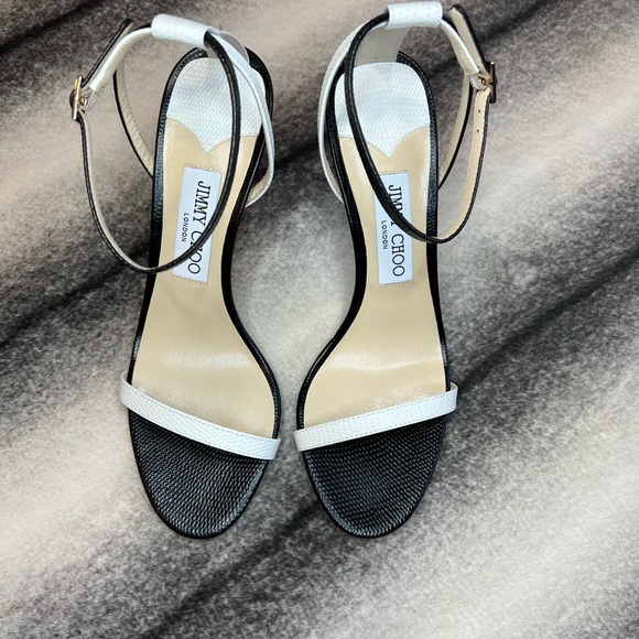 Jimmy Choo Minny 85 mm Lizard Mini Printed Leather Black White Mix Sandal Heels - Picture 3 of 12